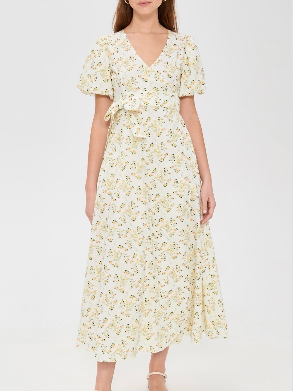 Floral Wrap Maxi Dress in Cream with Puff Sleeves